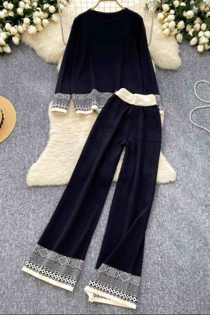 Women Fashion Round Neck Long Sleeve Jacquard Knit Top High Waisted Wide Leg Pants Casual Set