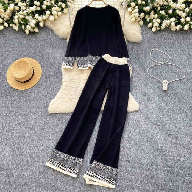 Women Fashion Round Neck Long Sleeve Jacquard Knit Top High Waisted Wide Leg Pants Casual Set