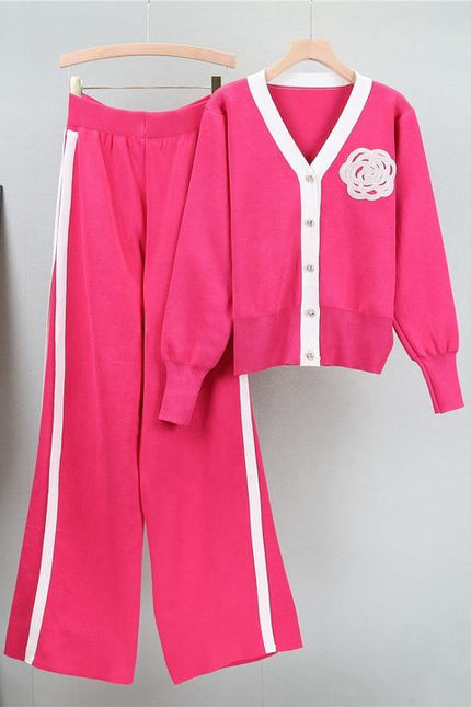 2024 Autumn and Winter New Sweater Set V-neck Long-sleeved Cardigan Top Loose Wide-leg Pants Two-piece Set