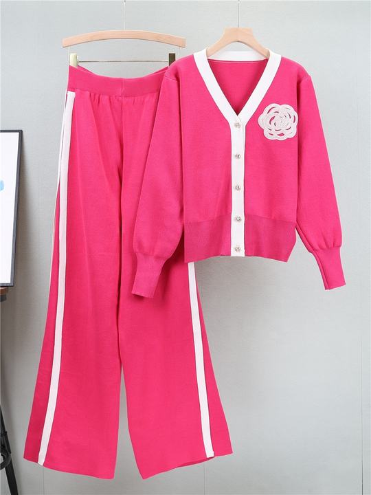 2024 Autumn and Winter New Sweater Set V-neck Long-sleeved Cardigan Top Loose Wide-leg Pants Two-piece Set