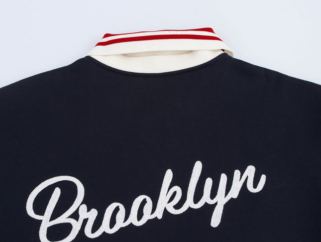 Turn Down Collar Navy Color Long Sleeve Letter Embroidery Casual Fashion Polo Shirt Sweatshirt for Women