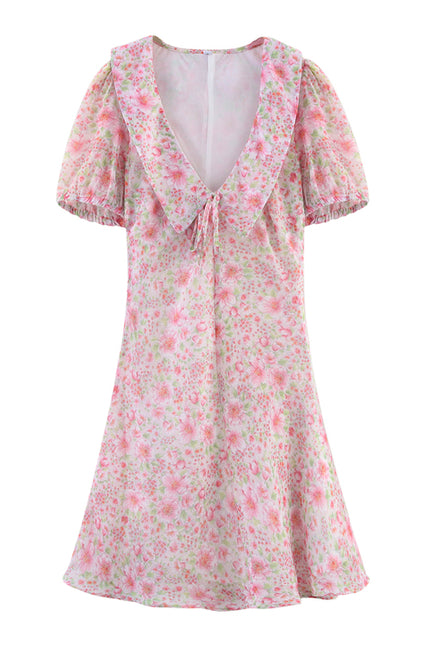 V Neck Floral Print Short Sleeve pink Color Lace up Casual Fashion Summer Mini Dress for Women