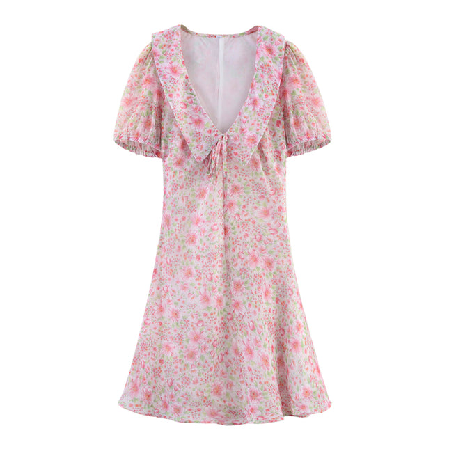 V Neck Floral Print Short Sleeve pink Color Lace up Casual Fashion Summer Mini Dress for Women