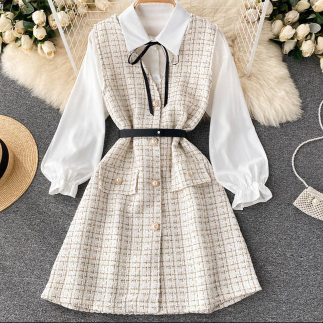 Autumn New Suit Women's Puff Sleeve Shirt Strap Dress Design Sense Two-piece Set