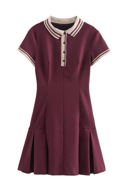 Turn Down Collar Short Sleeve Solid Color Bottom Pleated Casual Fashion Summer Mini Dress for Women