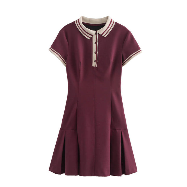 Turn Down Collar Short Sleeve Solid Color Bottom Pleated Casual Fashion Summer Mini Dress for Women