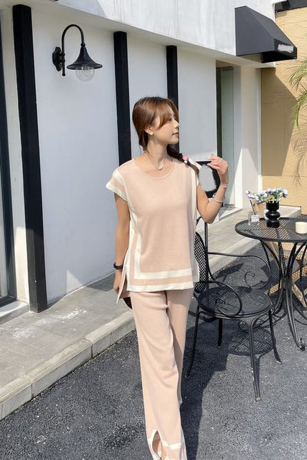 2024 New Fashion Simple Splicing Loose Shawl Sleeves Sweater Top High Waist Slimming Wide Leg Pants Two Piece Set