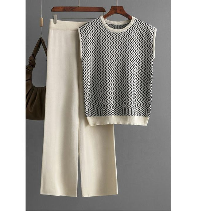 Summer New Simple Retro Loose Sleeveless Knitted Shoulder Top Wide Leg Pants Knitted Two Piece Set for Women