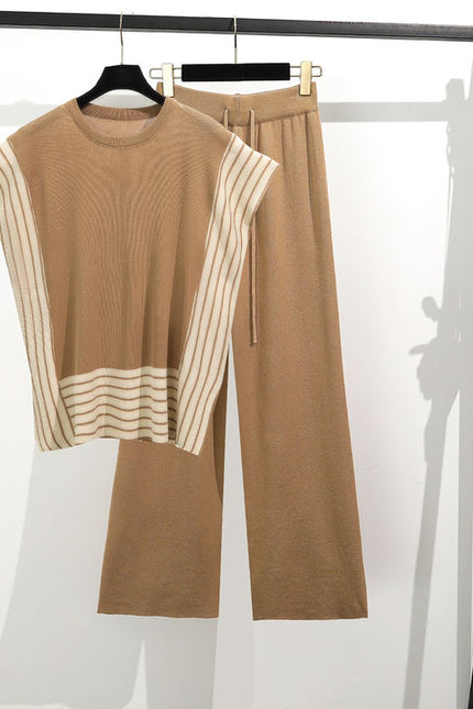 Fashionable Patchwork Loose Short Sleeved Sweater Top High Waist Slimming and Wide Leg Pants Two-piece Set
