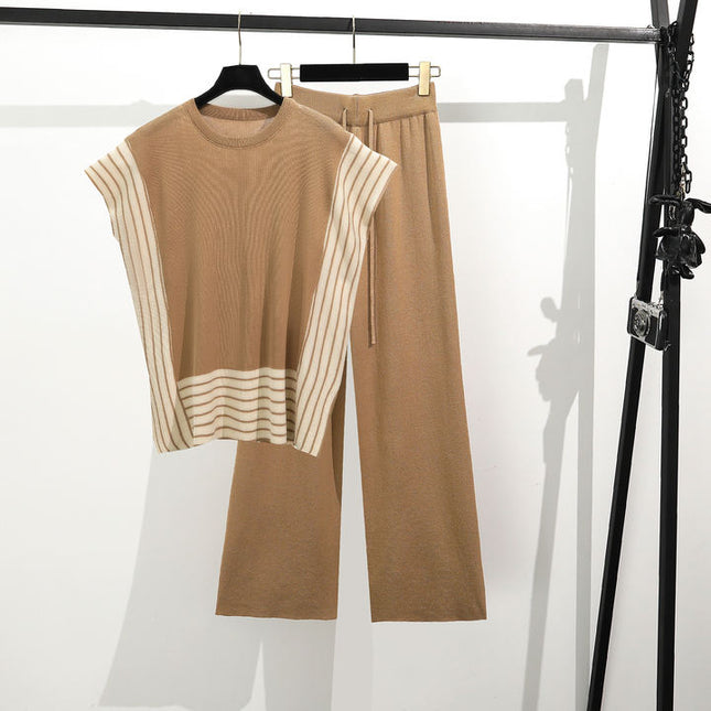 Fashionable Patchwork Loose Short Sleeved Sweater Top High Waist Slimming and Wide Leg Pants Two-piece Set