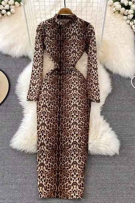 Sexy Leopard Print Standing Neck Women's Long Sleeve Tight Stretch Bodycon Long Dresses