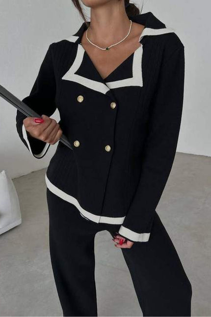 2024 Lapel Casual Top Set Colorblocking Long Sleeve Long Pants Two Piece Suit Set