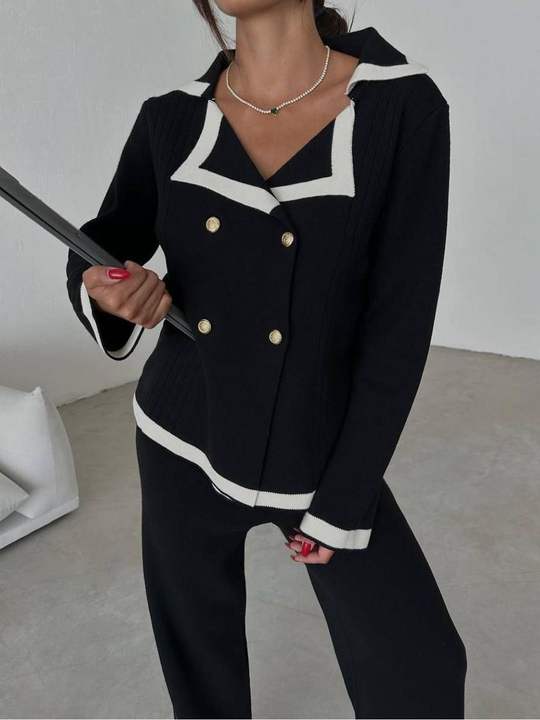 2024 Lapel Casual Top Set Colorblocking Long Sleeve Long Pants Two Piece Suit Set