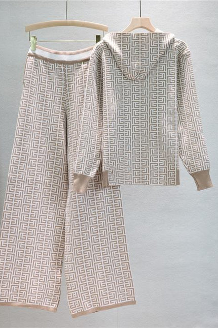 Women'S Fall Winter Knitted Sweater Clothing Hoodie Coat Wide-Legged Pants Two-Piece Set