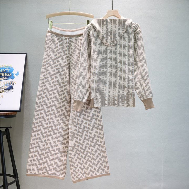 Women'S Fall Winter Knitted Sweater Clothing Hoodie Coat Wide-Legged Pants Two-Piece Set