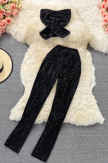 Ruffle Sexy Short Hot Drill Smocked Top Two Piece Suit High Waist Stretch Trousers Female
