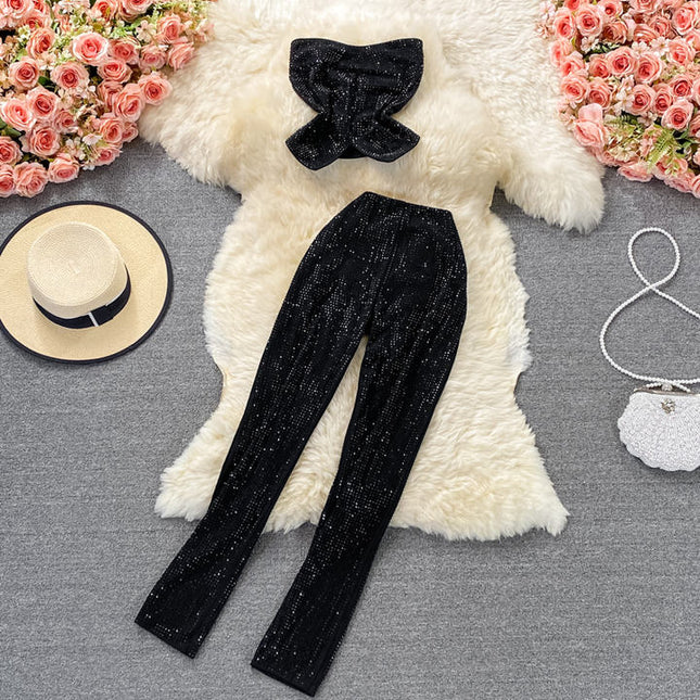 Ruffle Sexy Short Hot Drill Smocked Top Two Piece Suit High Waist Stretch Trousers Female