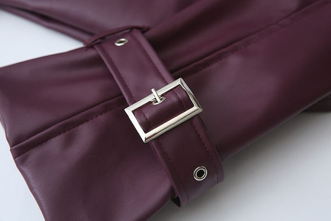 Notched Collar Burgundy Color Long Sleeve Notched Collar Casual Fashion Leather Biker Jacket for Women