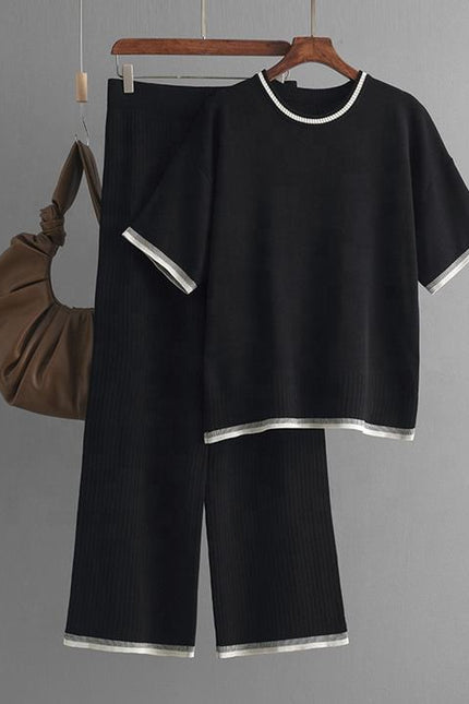 Fashion Women's Loose Sweater Top High Waist Thin Wide Leg Pants Two-piece Set Womens Cotton Knit Pant Sets