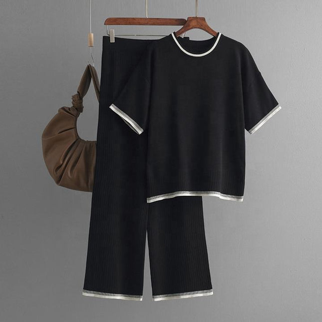 Fashion Women's Loose Sweater Top High Waist Thin Wide Leg Pants Two-piece Set Womens Cotton Knit Pant Sets