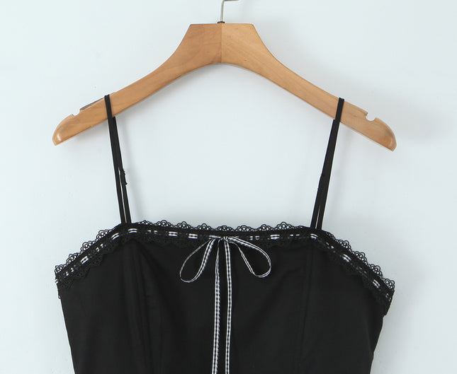 Front Lace up Spaghetti Strap Black White Color Hot Sale Casual Fashion Summer Mini Cotton slip Dress for Women