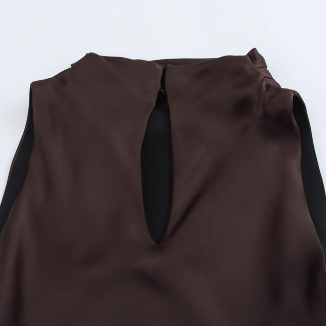 Crew Neck Sashes Brown Color Sleeveless Casual Fashion Maxi Summer Dress for Women