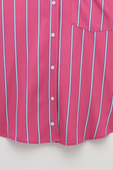 Striped Print pink Color Long Sleeve Turn Down Collar Buttons up Casual Fashion Tops Blouse for Women