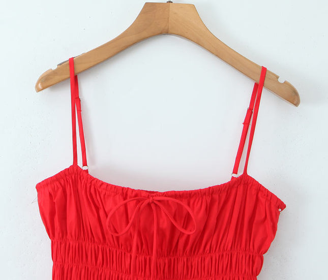 Spaghetti Strap Red Color Smocked Front Lace up Casual Fashion Summer Mini Cotton slip Dress for Women