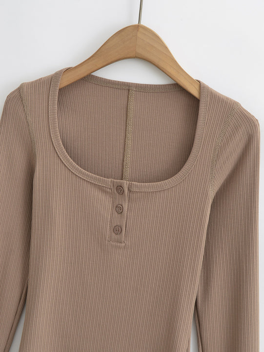 4 Colorway square Collar Buttons up Long Sleeve Solid Color Casual Fashion Women t Shirt