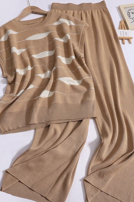 Fashion Set Women's Sleeveless Standing Neck Slim Fit Striped Knitwear Top Two Piece Casual High Waist Wide Leg Pants