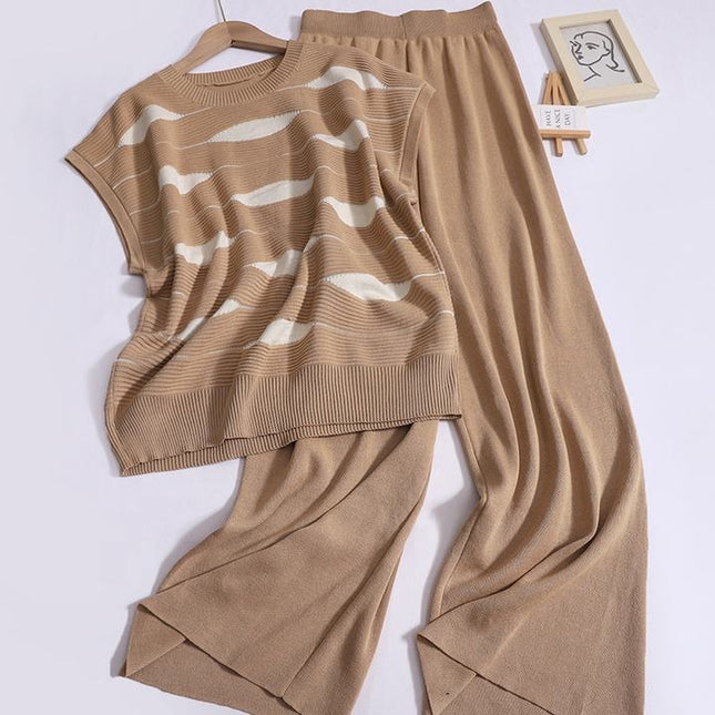 Fashion Set Women's Sleeveless Standing Neck Slim Fit Striped Knitwear Top Two Piece Casual High Waist Wide Leg Pants