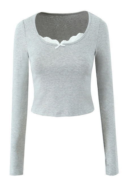 Square Collar Long Sleeve Gray Color Hot Sale Casual Fashion Cotton t Shirt for Women