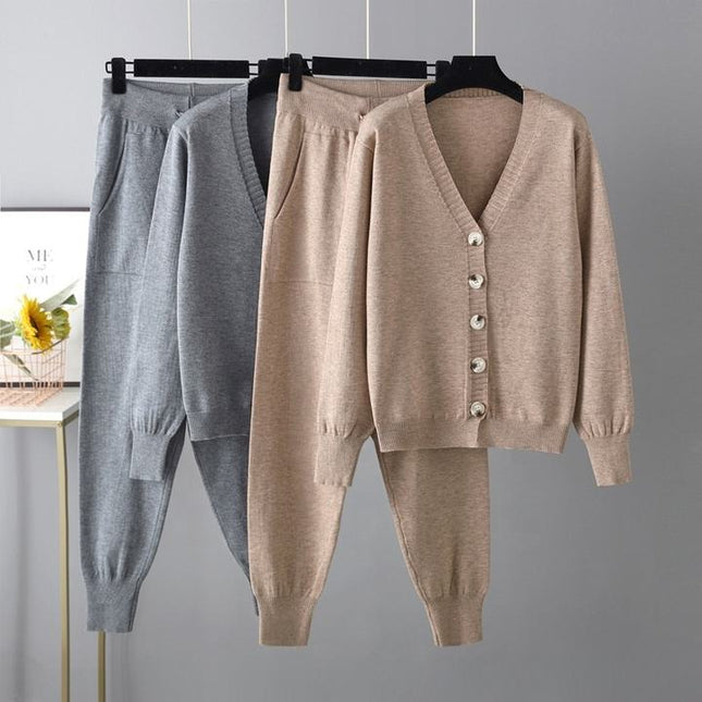 Wholesale 2023 Autumn and Winter New V-neck Cardigan Sweater Harem Pants Solid Color Cardigan Sweater Women's Set