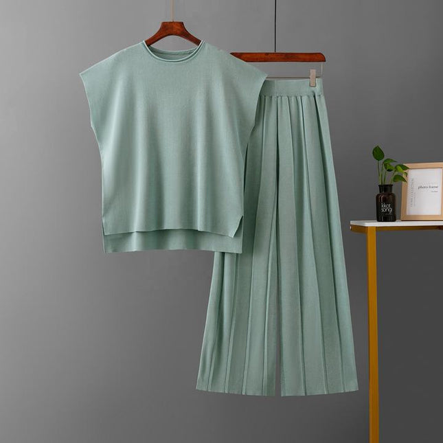 Casual Suit Women's Summer New Solid Color Sleeveless Vest Knit Wide Leg Trouser Suit
