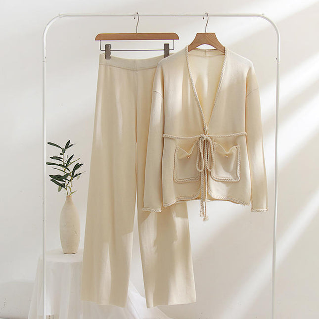 Soiling High Quality Winter Autumn Knitted Solid Color Long Sleeve V Neck H Type 2 Piece Set Women Sweater Suit