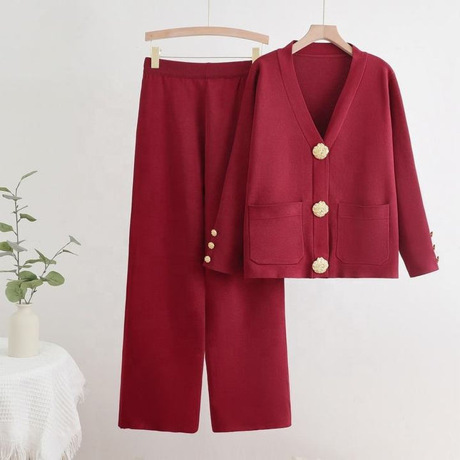 Wholesale Fall and Winter New V-Neck Single Row Button Cardigan Top Wide Leg Pants Knitted Two-Piece Set