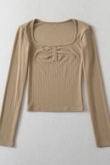 5 Colorway Solid Color square Collar Long Sleeve Front Pleated Casual Fashion Women t Shirt