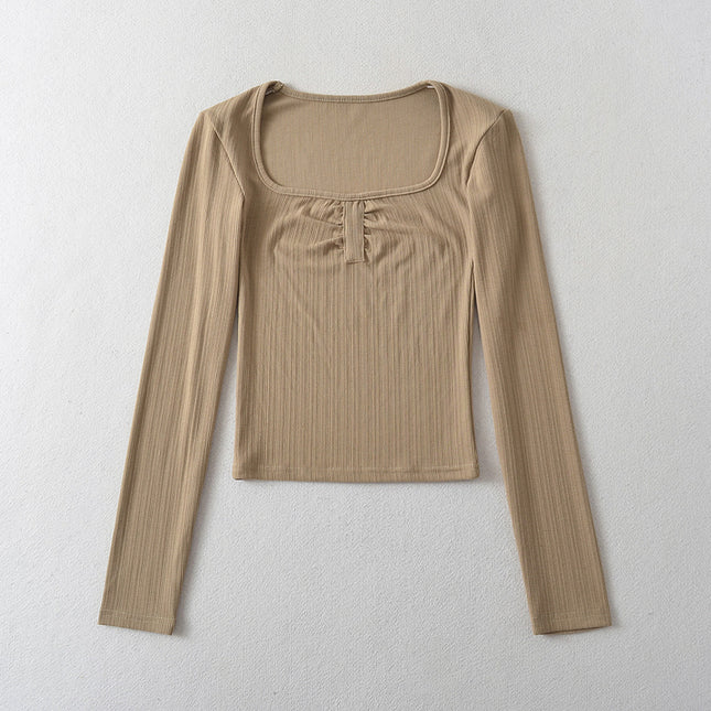 5 Colorway Solid Color square Collar Long Sleeve Front Pleated Casual Fashion Women t Shirt