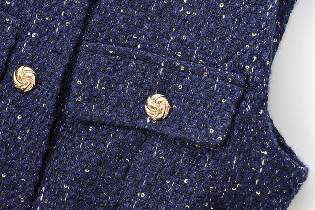 Crew Neck Buttons up Sashes Blue Color Casual Fashion Vest Waistcoat for Women