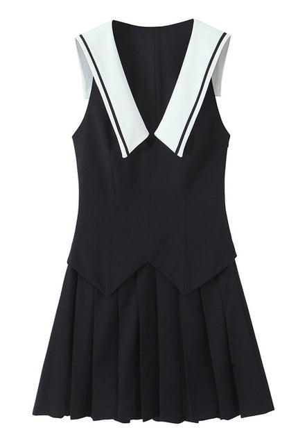 Turn Down Collar Black Color Sleeveless Casual Fashion Summer Mini Dress for Women