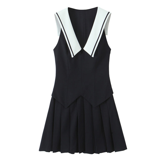 Turn Down Collar Black Color Sleeveless Casual Fashion Summer Mini Dress for Women