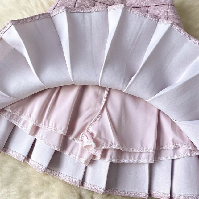 French Suit Vest High Waisted Pleated Two Piece Skirt Set