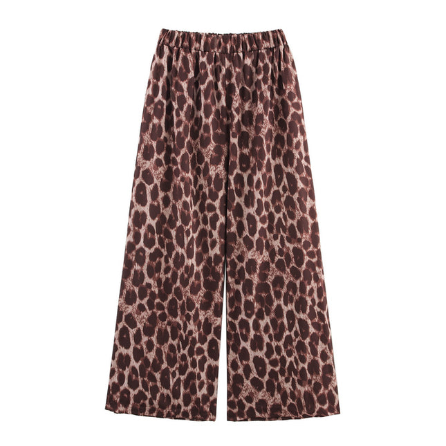 Turn Down Collar Long Sleeve Buttons up Blouse Elastic Waist Animal Print Pants Casual Women 2 Piece Set