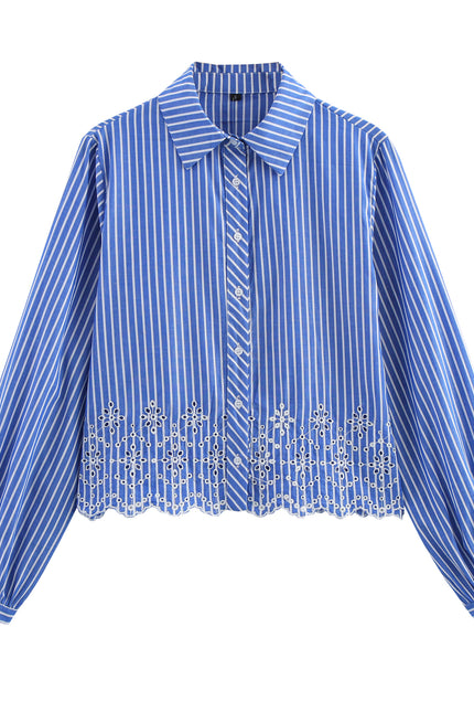 Embroider Eyelet Blue Color Long Sleeve Buttons up Turn Down Collar Casual Fashion Tops Blouse for Women