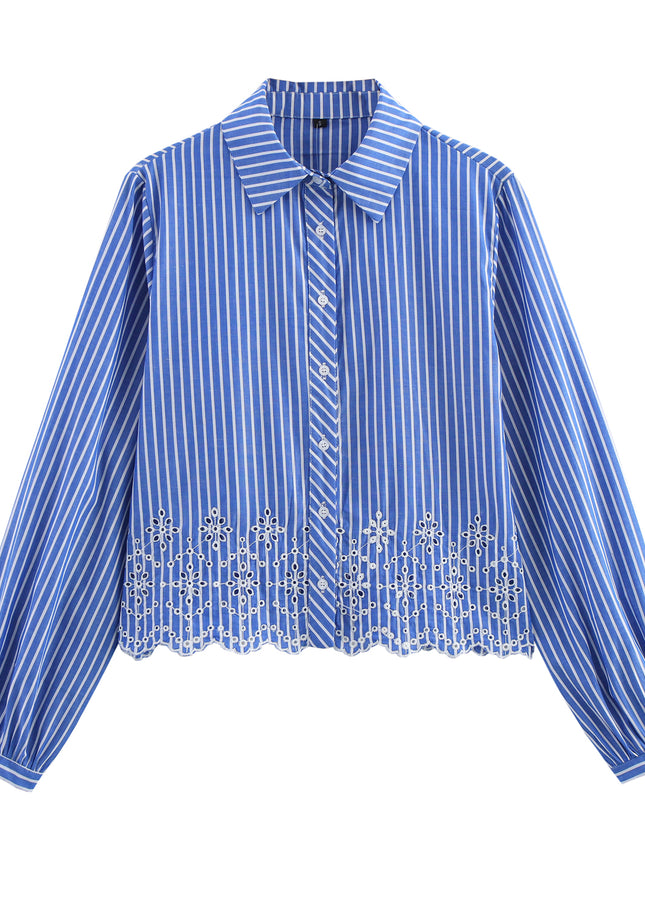 Embroider Eyelet Blue Color Long Sleeve Buttons up Turn Down Collar Casual Fashion Tops Blouse for Women
