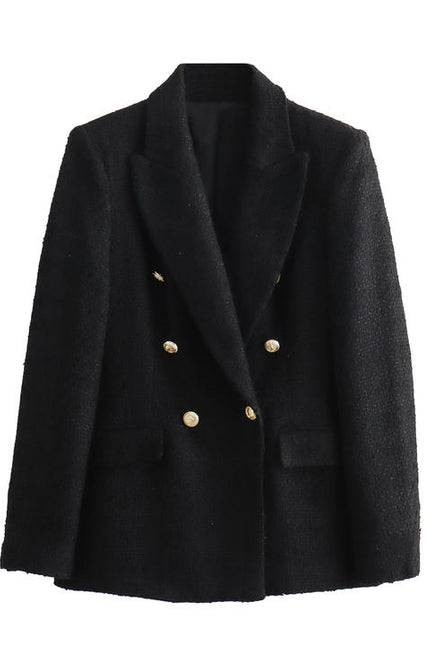 Notched Collar Double Breasted Black Color Casual Fashion Tweed blazer for Women