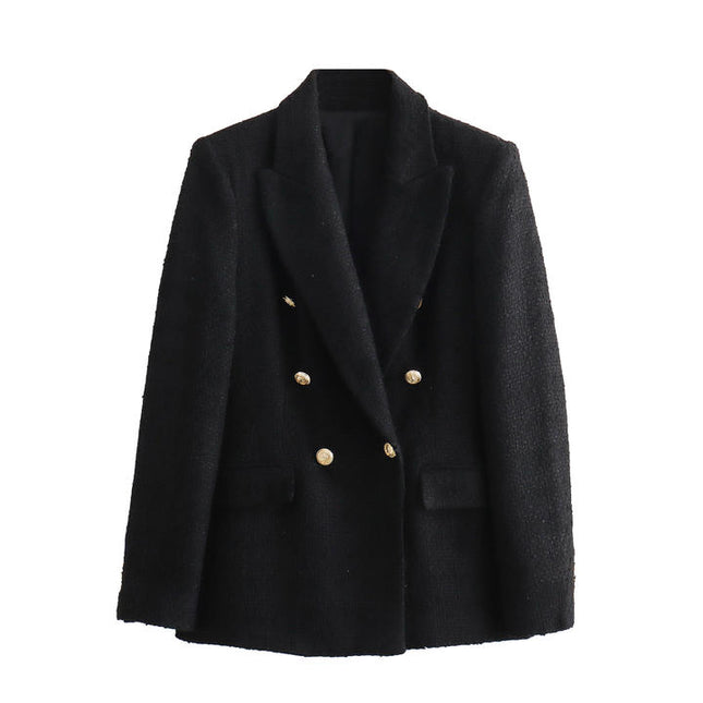 Notched Collar Double Breasted Black Color Casual Fashion Tweed blazer for Women