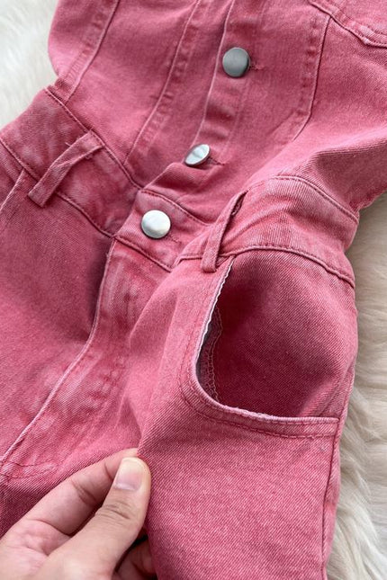 Summer Jumpsuit Hanging Neck Sleeveless Backless High Waist Wide Leg Denim Jumpsuit