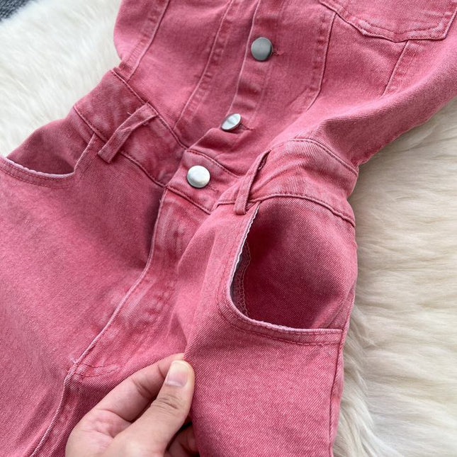 Summer Jumpsuit Hanging Neck Sleeveless Backless High Waist Wide Leg Denim Jumpsuit