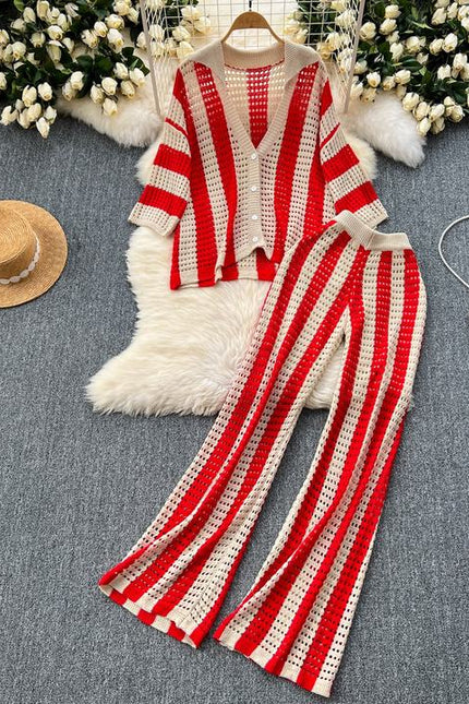 Plus Size Women's Premium Set Colorblocking Striped Knit Cardigan Loose Wide Leg Pants Casual 2 Pieces